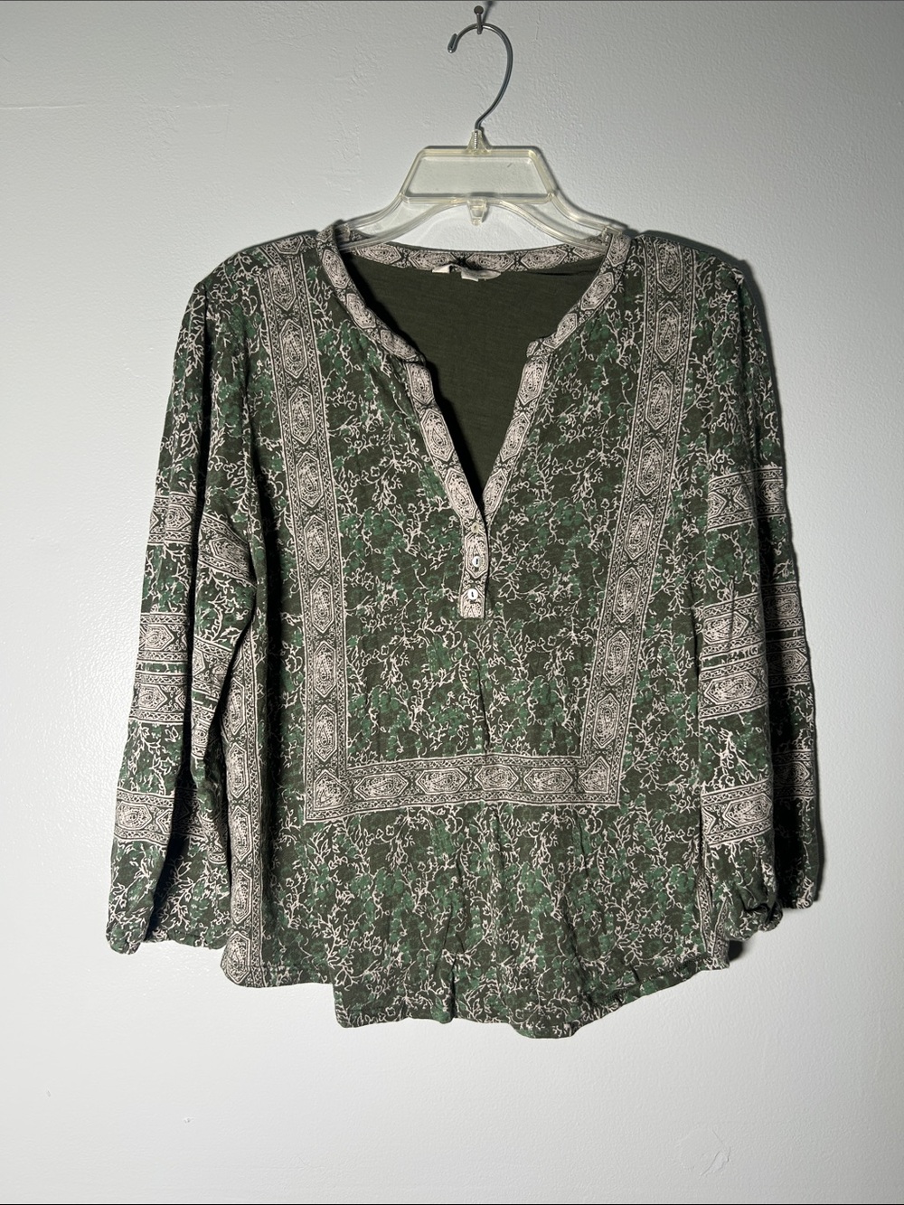 Lucky Brand Olive Green Printed Split-Neck Blouse